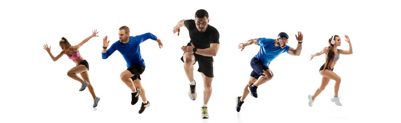 Development of motions of young athletic fit men and women in action isolated over white...