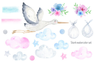 A stork flying in the sky delivering newborn baby watercolor illustration. Gender Party. Blue and pink clouds, stars, watercolors, floral compositions. International Day of Midwives. Stork and child.