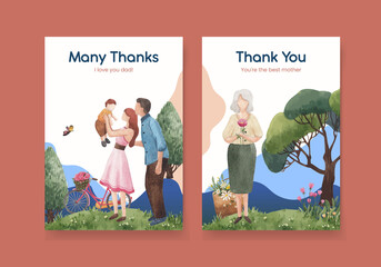 Thank you card template with park and family concept design watercolor illustration