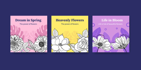 Advertise template with spring line art concept design watercolor illustration