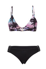 Detail shot of two-piece swimsuit composed of colorful bra with tropic design and black panties....
