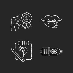 Tattoo and piercing salon chalk white icons set on dark background. Professional equipment. Winning tattoo competition. Creating beautiful sketches. Isolated vector chalkboard illustrations on black