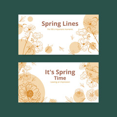 Twitter template with spring line art concept design watercolor illustration