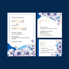 Wedding card template with spring line art concept design watercolor illustration
