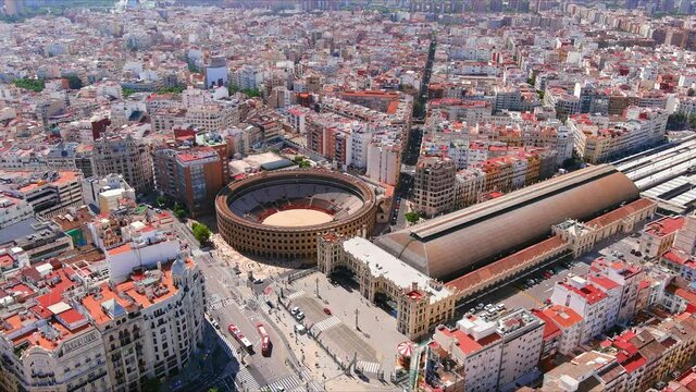 Valencia: Aerial view of famous city in Spain, corrida arena Bullring of Valencia (Pla&ccedil;a de Bous de Val&egrave;ncia) in historic centre of city - landscape panorama of Europe from above