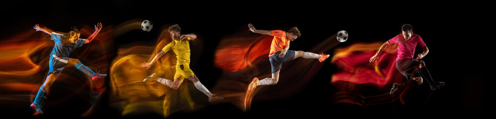 Sportsmen playing soccer football on black background in mixed light. Caucasian fit young male...