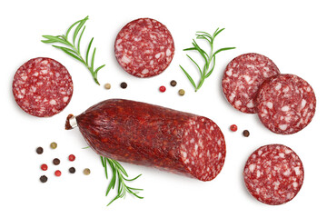 Smoked sausage salami with slices isolated on white background with clipping path and full depth of field. Top view. Flat lay