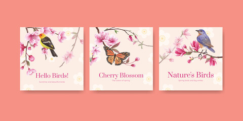 Fototapeta na wymiar Advertise template with blossom bird concept design watercolor illustration
