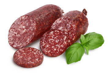 Smoked sausage salami isolated on white background with clipping path and full depth of field