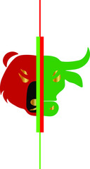 trader faces red bear and green bull and red-green candle in the middle 