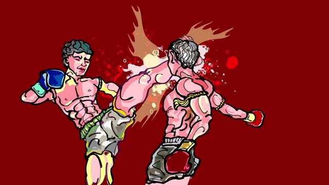  Footage  of boxer jumps and kicks  opponent in the face 
on red background and blood splash.
