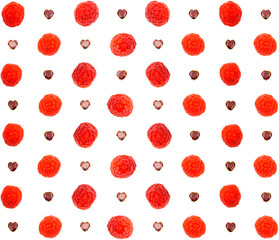 Colorful seamless pattern with raspberries and heart-shaped crystals