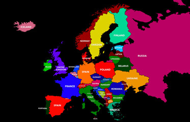 Map of Europe with names. Black background version. 4K