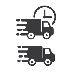 Two delivery trucks, one with a clock symbol of fast delivery.