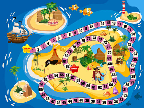 Treasure Island Pirate Board Game Map. Ocean route Travel adventure pirate naval ship, pile gold treasure, for kids. Vector illustration