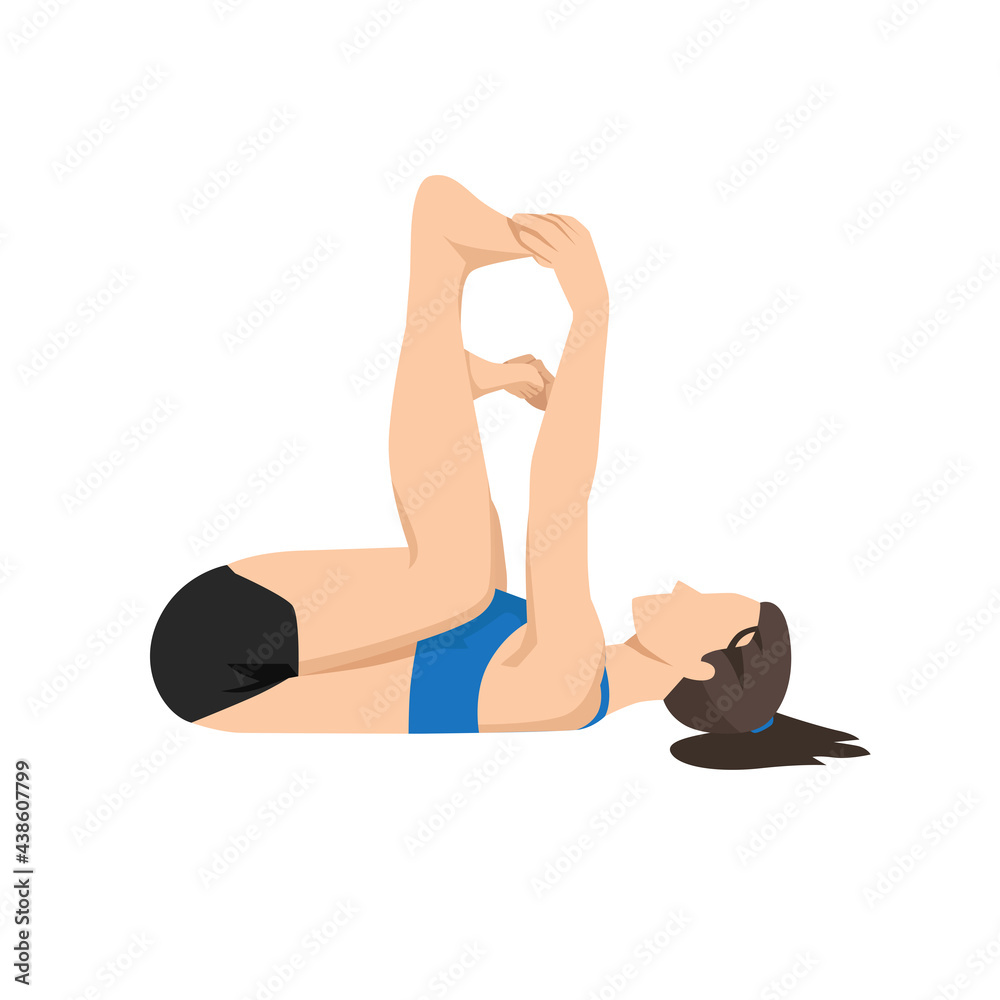 Wall mural Woman doing happy baby pose exercise. Flat vector illustration isolated on white background