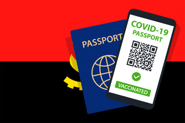 Covid-19 Passport on Angola Flag Background. Vaccinated. QR Code. Smartphone. Immune Health Cerificate. Vaccination Document. Vector