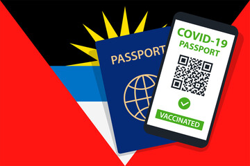 Covid-19 Passport on Antigua and Barbuda Flag Background. Vaccinated. QR Code. Smartphone. Immune Health Cerificate. Vaccination Document. Vector
