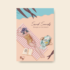 Poster template with beach vacation concept design for brochure watercolor illustration