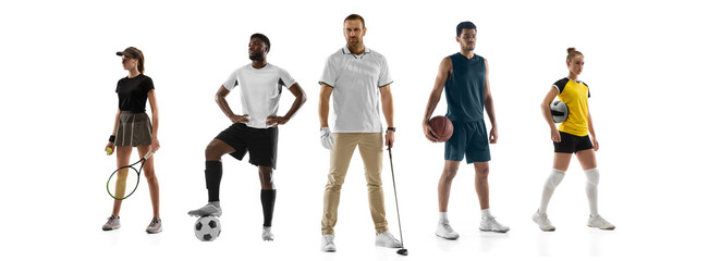 Sport collage. Tennis, fitness, soccer football, boxing, golf, hockey players posing isolated on...