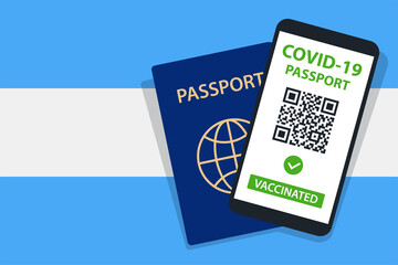 Covid-19 Passport on Argentina Flag Background. Vaccinated. QR Code. Smartphone. Immune Health Cerificate. Vaccination Document. Vector