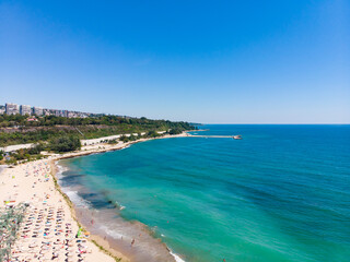 Fototapeta na wymiar Aerial view of the sand beach, sea and hotels in Varna, Bulgaria. Drone view from above. Summer holidays destination