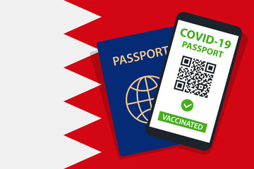 Covid-19 Passport on Bahrain Flag Background. Vaccinated. QR Code. Smartphone. Immune Health Cerificate. Vaccination Document. Vector