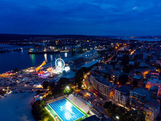 Aerial view of city Varna in Bulgaria. Summer holiday in Europe. Aerial evening photography, drone view.