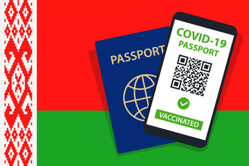 Covid-19 Passport on Belarus Flag Background. Vaccinated. QR Code. Smartphone. Immune Health Cerificate. Vaccination Document. Vector