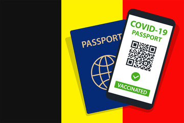 Covid-19 Passport on Belgium Flag Background. Vaccinated. QR Code. Smartphone. Immune Health Cerificate. Vaccination Document. Vector