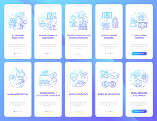 Social unit progress onboarding mobile app page screen with concepts set. Social action walkthrough 5 steps graphic instructions. UI, UX, GUI vector template with linear color illustrations