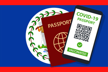 Covid-19 Passport on Belize Flag Background. Vaccinated. QR Code. Smartphone. Immune Health Cerificate. Vaccination Document. Vector