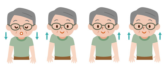深呼吸をしながら肩を上下に動かすシニア男性 © あんころもち(ankomando)