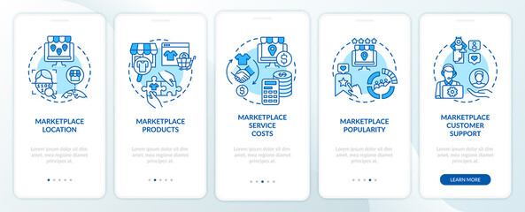 Market place choice parameters onboarding mobile app page screen. Place, goods walkthrough 5 steps graphic instructions with concepts. UI, UX, GUI vector template with linear color illustrations