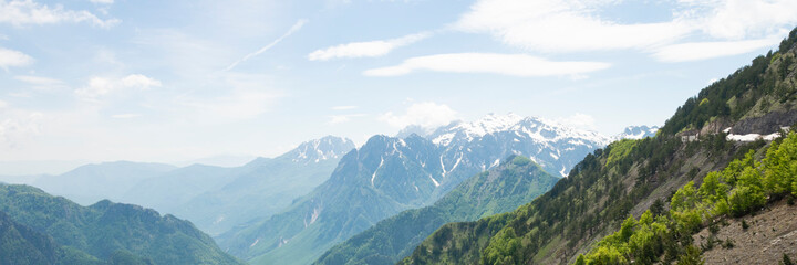 Obraz premium Albanian mountain Alps. Mountain landscape, picturesque mountain view in the summer morning, large panorama