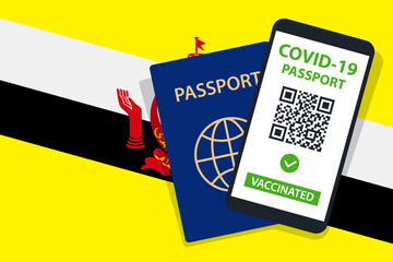 Covid-19 Passport on Brunei Flag Background. Vaccinated. QR Code. Smartphone. Immune Health Cerificate. Vaccination Document. Vector