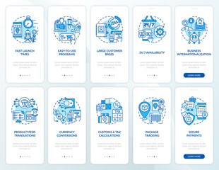 Online market place onboarding mobile app page screens set. E-commerce store walkthrough 5 steps graphic instructions with concepts. UI, UX, GUI vector template with linear color illustrations
