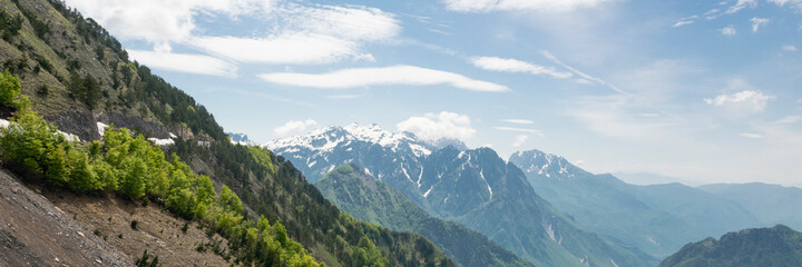Albanian mountain Alps. Mountain landscape, picturesque mountain view in the summer morning, large panorama