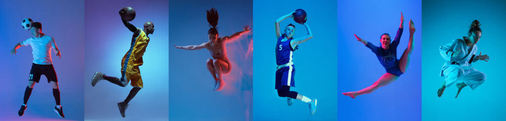 Collage of different professional sportsmen, fit people in action and motion isolated on color...