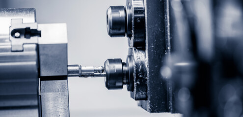 Auto CNC turning with robot drill milling factory. Concept banner metal machine industry background © Parilov