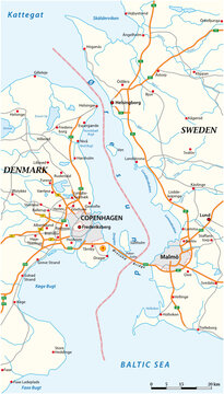 Vector map of the Oresund waterway between Sweden and Denmark 