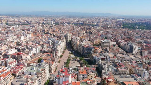 Valencia: Aerial view of famous city in Spain, Valencia City Hall (Ajuntament de Val&egrave;ncia) in historic centre of city - landscape panorama of Europe from above