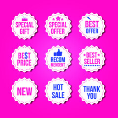Colorful stickers set. Tags set. Vector badges and labels isolated. Special gift, special offer, best offer, best price, recommendent, best seller, new, hot sale, thank you