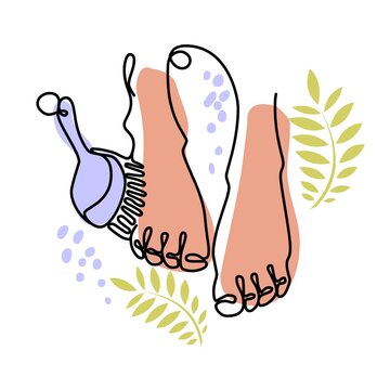 recommend clip art: Women's feet and brush. Foot care, spa treatment. Peeling and pedicure procedure. Healthy and beautiful legs. Minimalistic style, line art, isolated on white background. 