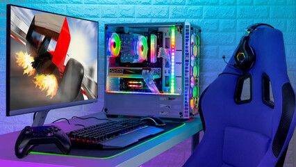 colorful bright illuminated rgb gaming pc with keyboard mouse monitor and chair with racing  screen in front of LED light brick stone wall. Computer playing hardware games background