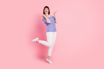 Fototapeta na wymiar Full length body size photo woman laughing wearing glamour outfit with off-shoulders isolated on pastel pink color background