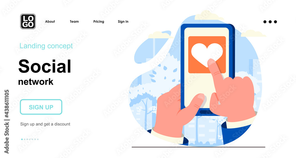 Poster Social network web concept. User presses heart button and puts like posts on smartphone screen. Template of people scene. Vector illustration with character activities in flat design for website