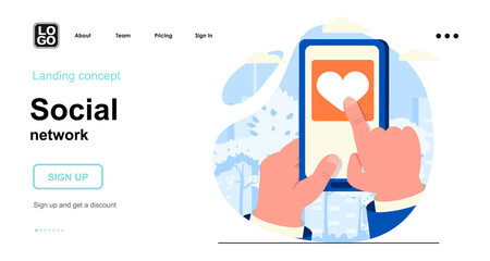 Social network web concept. User presses heart button and puts like posts on smartphone screen. Template of people scene. Vector illustration with character activities in flat design for website