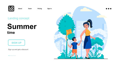 Summer time web concept. Mother walks with her son in city park, child flies kite, family leisure. Template of people scene. Vector illustration with character activities in flat design for website