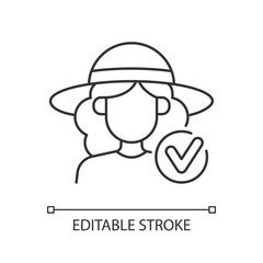 Wearing wide brimmed hat linear icon. Woman in outfit for beach. Heatstroke prevention. Thin line customizable illustration. Contour symbol. Vector isolated outline drawing. Editable stroke